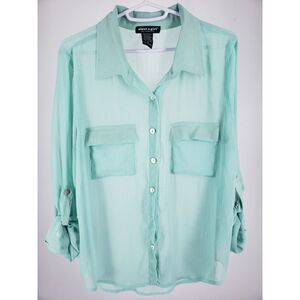 About A Girl Sky Blue Mint Roll‎ Tab Sleeve Button-Up Hi-low Blouse Size Medium